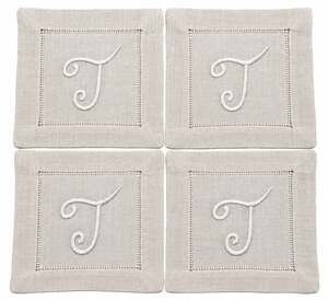 Sferra Bros Ltd Vintage “T” Hand Embroidered Linen CKTL Napkins Set 4 NIP Italy